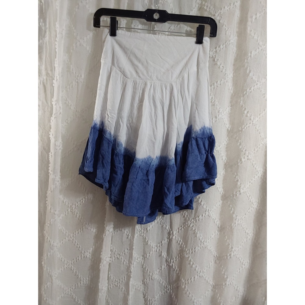 Free People Blue White Tie Dye Smocked Waist Ruffle Mini Skirt XS‎ High Low Boho